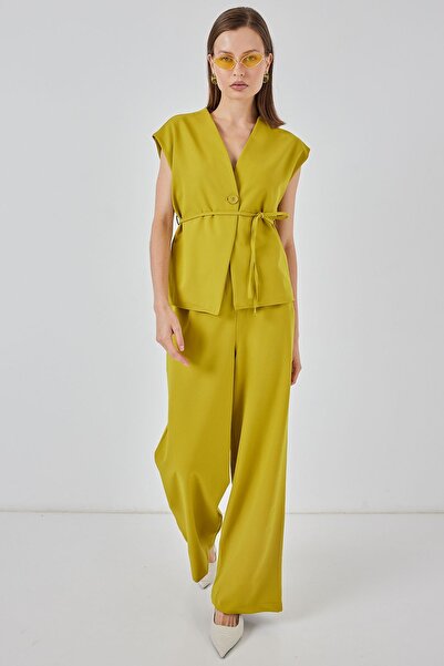 Hiccup Bdart V-Neck Buttoned Blouse & Wide Leg Pants Set