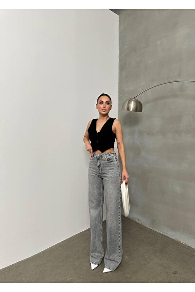 Tumtum Wear جينز عالي الخصر باللون الرمادي الفاتح أرجل واسعة