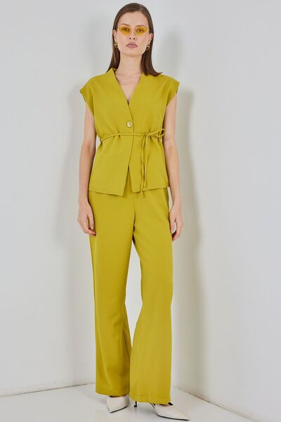 Hiccup Bdart V-Neck Buttoned Blouse & Wide Leg Pants Set