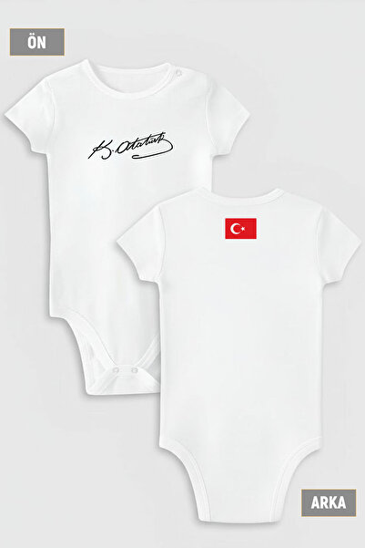 Overoz Ataturk Signature on Front and Turkish Flag on Back B Printed Snap Fasteners Short Sleeve Baby Bodysuit 5110-5931