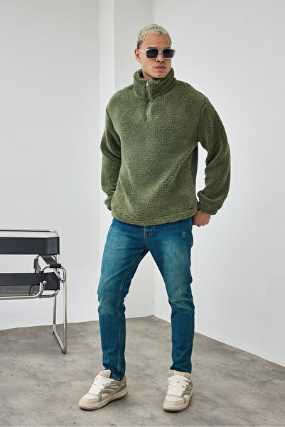 MADZEYMODA Ανδρικό φούτερ Premium ψηλός λαιμός με μισό φερμουάρ σε σκούρο πράσινο βελούδινο χρώμα LS-86081