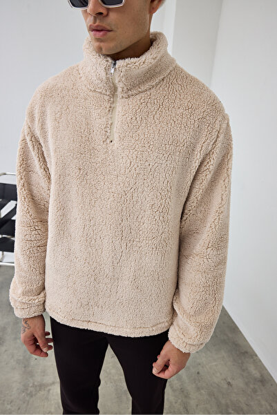 MADZEYMODA Premium Men's Mock Neck Half Zippered Beige Plush Sweatshirt Ls-86081