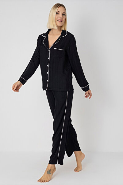 DOFİ Kadın Uzun Kollu Kışlık Saten Pijama Takımı – Gömlek Yaka, Biyeli, Cepli, Beyaz / Siyah