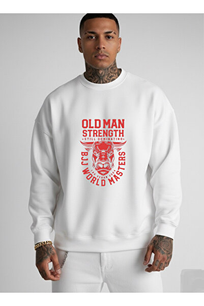 LORVEX Swea alb unisex cu imprimeu Old Man Strength, cu gât rotund, supradime...