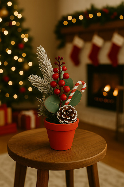CEZVE HOME Dekoratif Kozalak ve Noel Baston Detaylı Karlı Kokina Ağacı Saksıl...