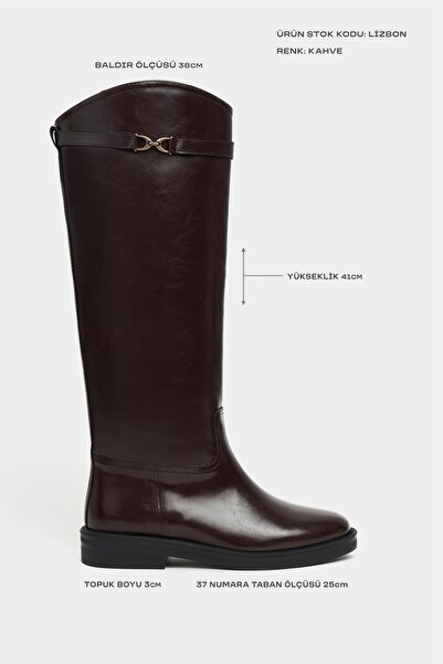 NİŞANTAŞI SHOES Γυναικείες μπότες Lisbon Brown με ρουστίκ σχέδιο, λεπτομέρεια αξεσουάρ, στρογγυλή μύτη, επίπεδη σόλα