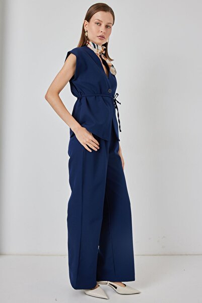 Hiccup Bdart V-Neck Buttoned Blouse & Wide Leg Pants Set