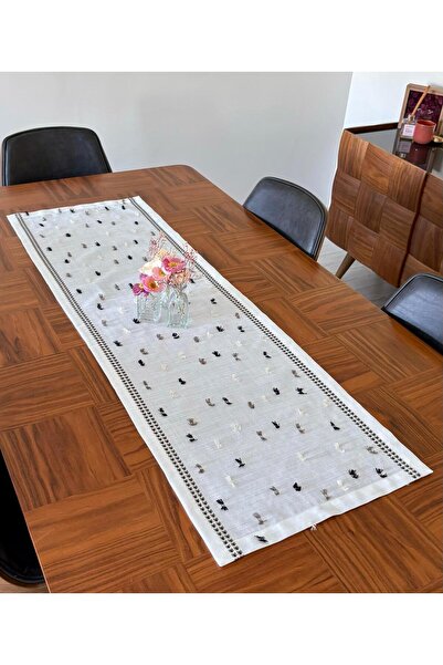 homease Ύφασμα γαρδένια με λινό εμπριμέ σχέδιο, λεπτομέρεια κεντήματος και φούντες |   Πλένεται στο πλυντήριο Runner