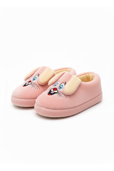 Babillo Kids Clothing Store Kız Çocuk Pembe Peluş Tavşan Figürlü Cırt Cırtlı Panduf Kaydırmaz Patik