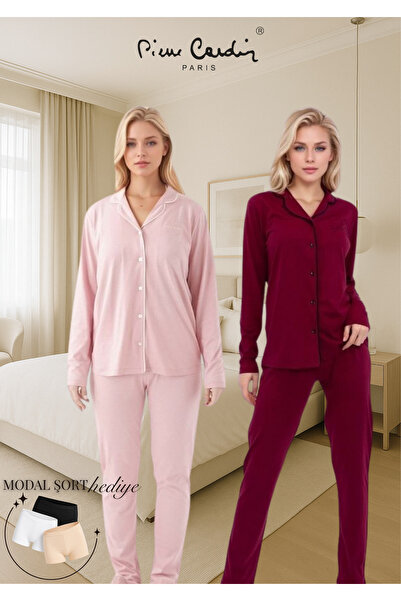 Pierre Cardin Women's Clothing Cotton & Modal Long Sleeve Boxed 2-Piece Shirt Pajama Set (Modal Shorts with Gift)