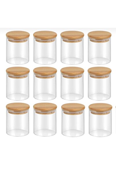 Twins Candle Design 12 Adet Vakumlu Bambu Kapaklı Borosilikat Baharatlık, Saklama Kabı, Çerezlik (200 ml) Jarpot