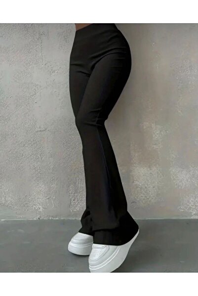 MYZ LİFE Yüksek Bel Siyah Fitilli Kumaş İspanyol Paça Pantolon