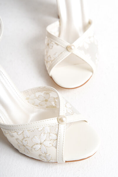 FOLLOWIN Women's Bride Lace Pearl Detailed Thick Heeled Wedding Wedding Bridal Shoes