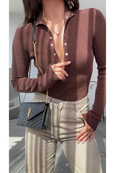 CADDELAMODA Women's Mock Neck Snap Fastener Knitwear