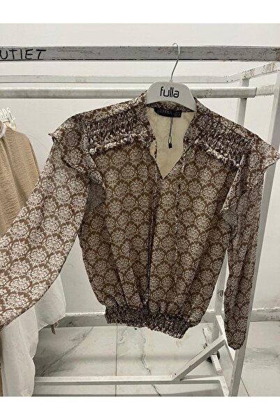 Sublime Butik Retro Sütlü Kahve Vintage Omuz Detaylı Kadın Beli Lastikli Şifo...