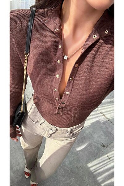 CADDELAMODA Women's Mock Neck Snap Fastener Knitwear