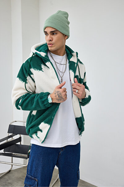 MADZEYMODA Преміум чоловічий капюшон з хмарним малюнком зелений плюшевий пальто LS-89934