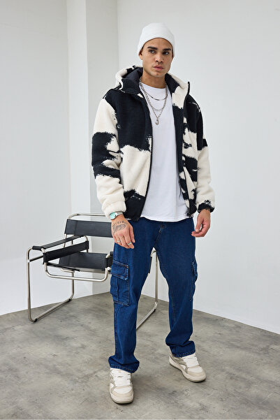 MADZEYMODA Преміум чоловічий худі з капюшоном і хмарним принтом, чорний плюшевий пальто LS-89934