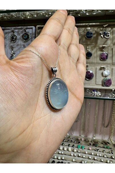 hayaltasari Doğal Akuamarin Taşlı Oval Model Gümüş Kolye 925 Ayar