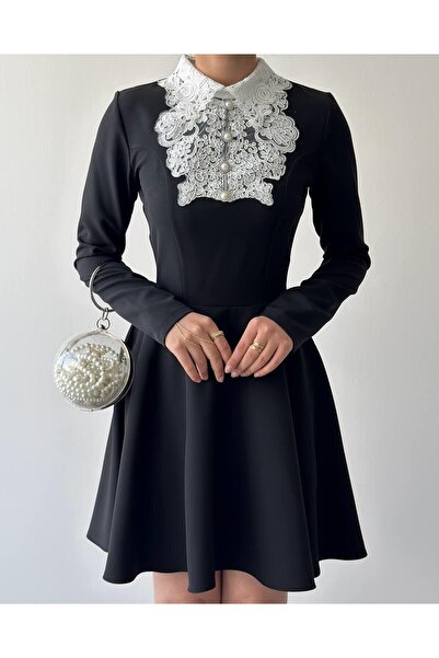 Mostpera Uzun Kollu Leye Dantel Detaylı Atlas Elbise