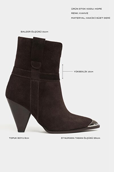 NİŞANTAŞI SHOES حذاء نسائي من هوب بني اللون من جلد الغزال الأصلي بكعب مخروطي ومقدمة معدنية