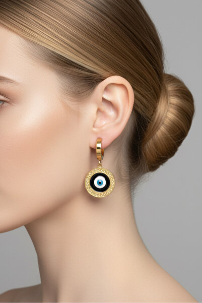 Modacaprea Çelik Nazar Boncuklu Yuvarlak Klipsli Kadın Küpe I Karamaz Kadın Gold Çelik Küpe