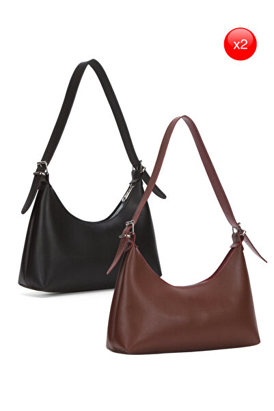 Adelina Bags 2'li Çanta Paketi Kadın Baget Günlük Siyah ve Bordo El ve Omuz Ç...