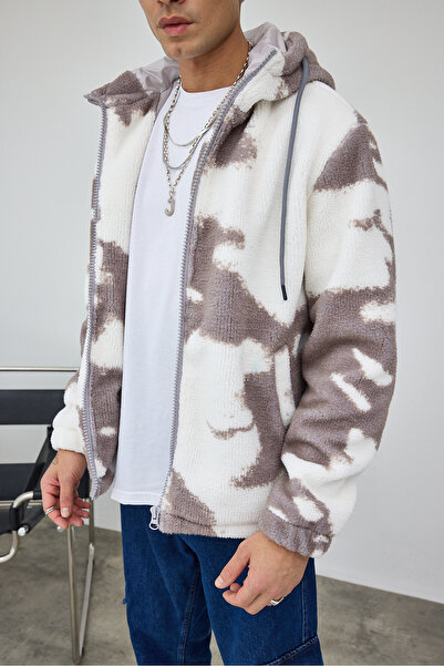 MADZEYMODA Premium ανδρικό παλτό με κουκούλα με σχέδιο σύννεφο γκρι βελούδινο LS-89934