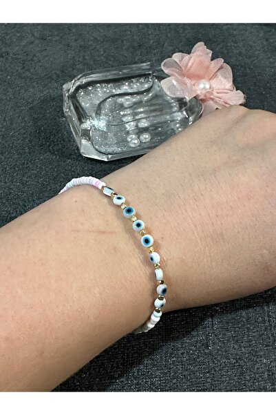 Darya Dd570 Mini Pink White Evil Eye Beaded Gold Detailed Bracelet