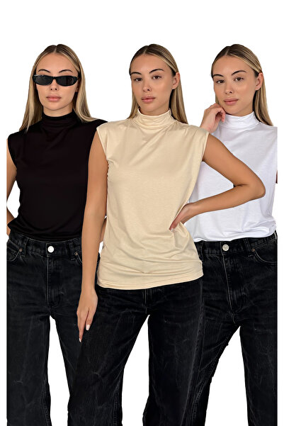 RDK Giyim Set de 3 body cu mâneci zero pentru femei - Negru Bej Alb
