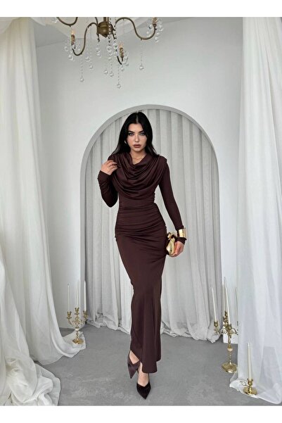 maf collection Γυναικείο μακρύ βραδινό φόρεμα από καφέ ύφασμα Sandy με λεπτομέρεια ντραπέ