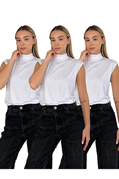 RDK Giyim Women's Zero Sleeve High Neck Bodysuit 3-Piece Set - White