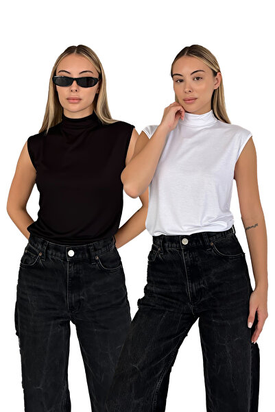 RDK Giyim Kadın Sıfır Kol Boğazlı Body 2'li Set - Siyah Beyaz