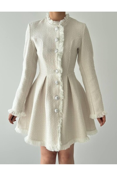 Mostpera Uzun Kollu Düğmeli Zenoa Mini Kloş Tüvit Elbise