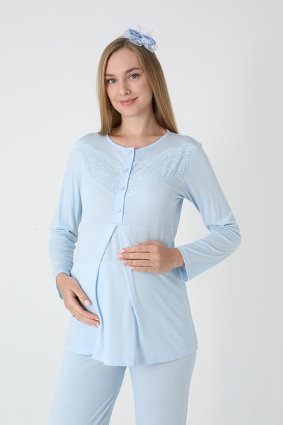 Lohussa Kadın Mavi Jakarlı Şal Yaka Dantelli Kışlık Özel Tasarım Lohusa Hamile Sabahlık Pijama Takımı Seti