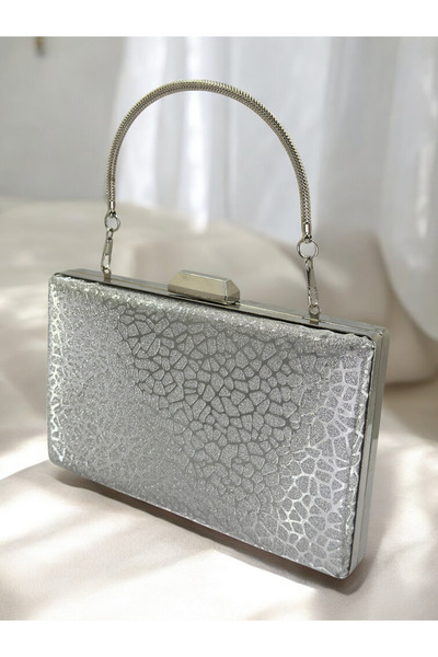 Biçanta Silver Imported Glittery Metal Handle Patterned Women's Evening Dress Bag