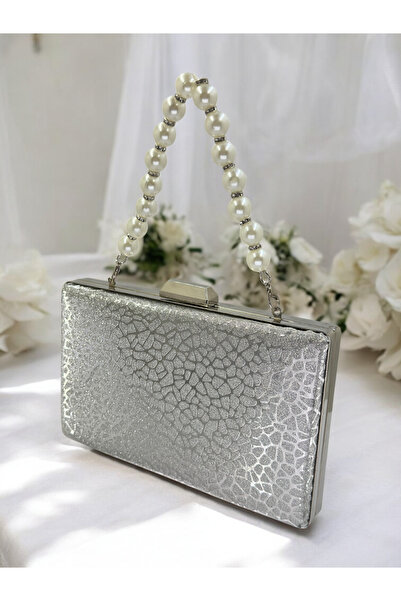 Biçanta Silver Imported Glitter Patterned Pearl Handle Women's Evening Dress Bag