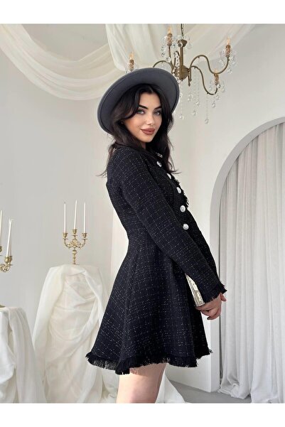 Monapera Uzun Kollu Düğmeli Zenoa Mini Kloş Tüvit Elbise