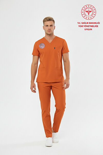 Class Üniforma Turuncu Klinik Destek İşçi Forması Likralı Scrubs Erkek (Yeni Yönetmeliğe Uygun - Orange Ochre)