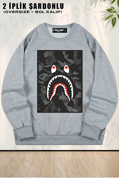 ZOKAWEAR Unisex Loose Fit Gray Bape Shark Printed Design Oversized Crew Neck Sweatshirt