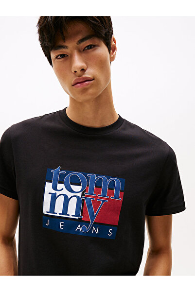 Tommy Hilfiger Ανδρικό λογότυπο μάρκας Βιολογικό βαμβακερό γιακά ποδηλάτου Κατάλληλο για καθημερινή χρήση Μαύρο T-Shi