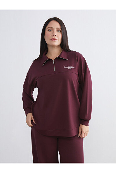 LC Waikiki Plum Mock Neck Embroidered Oversized Women's Sweatshirt Tunic