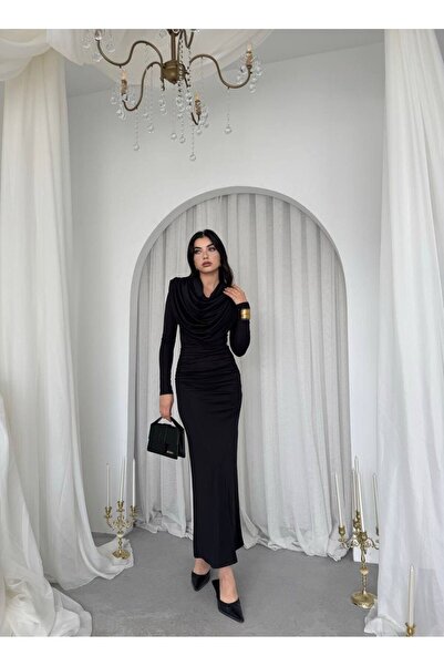 maf collection Kadın Siyah Sandy Kumaş Drape Detay Uzun Abiye Elbise