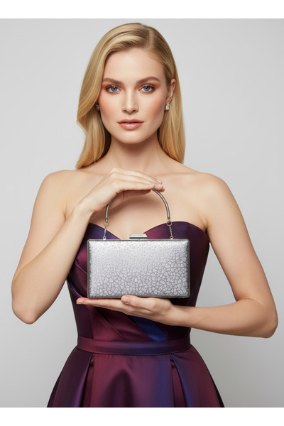 Biçanta Silver Imported Glittery Metal Handle Patterned Women's Evening Dress Bag