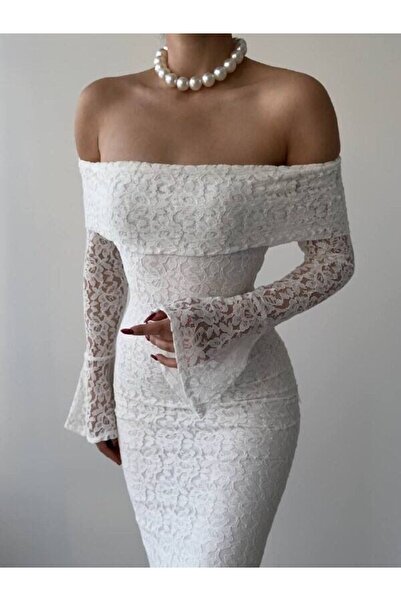 maf collection Women's White Madonna Collar Lace Detail Long Evening Dress