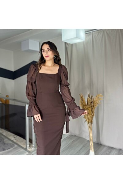 Starmount Butik Şifon Kol Kahve Elbise