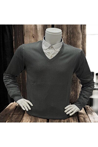 EREN STYLE Pulover gri cu mâneci lungi și decolteu în V (unisex)