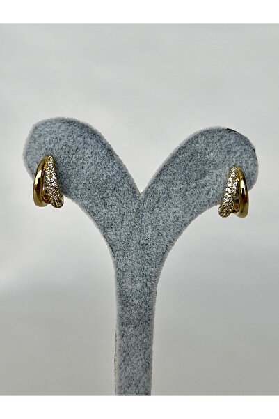 yeknova Xuping 14K Gold Rengi Kuyumcu İşçiliği İkili Model Taş Detay Kararmaz Kadın Halka Küpe