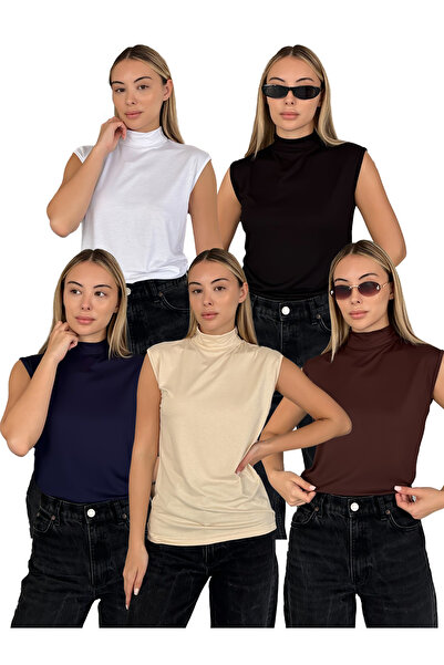 RDK Giyim Дамски комплект от 5 безръкавни бодита с обло деколте - черно, бяло...