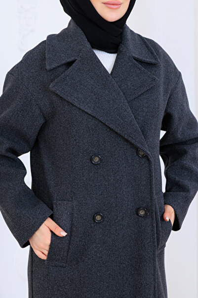 Eliva Women's Anthracite Gray Stylish Elegant Thick Imported Cashmere Trench Coat Top Coat K Double-Breasted Overcoat Hijab Coat